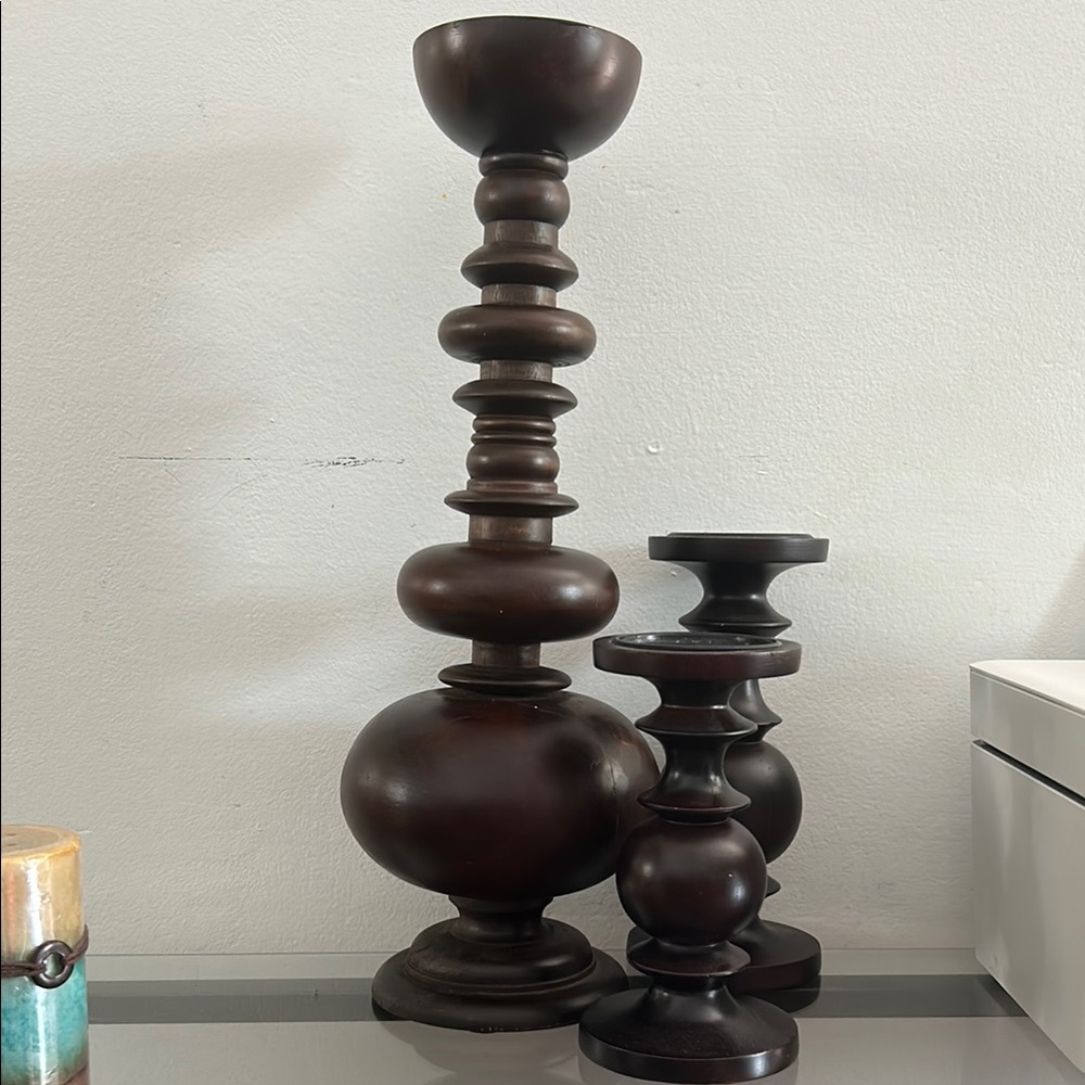 Elegant Brown Wooden Candle Holder Set